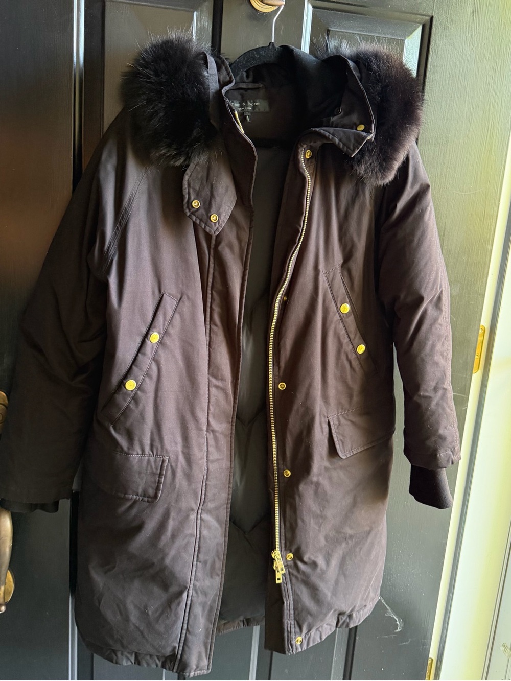 rag & bone Black Parka with Real Fur-Trim Hood